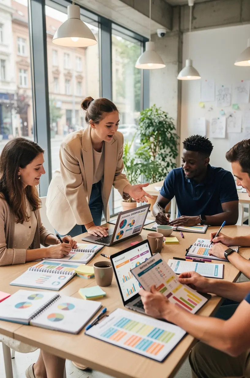 Nyomtatott költségvetési tervező és jegyzetfüzet egy faasztalon, háttérben könyvesbolt polcokkal